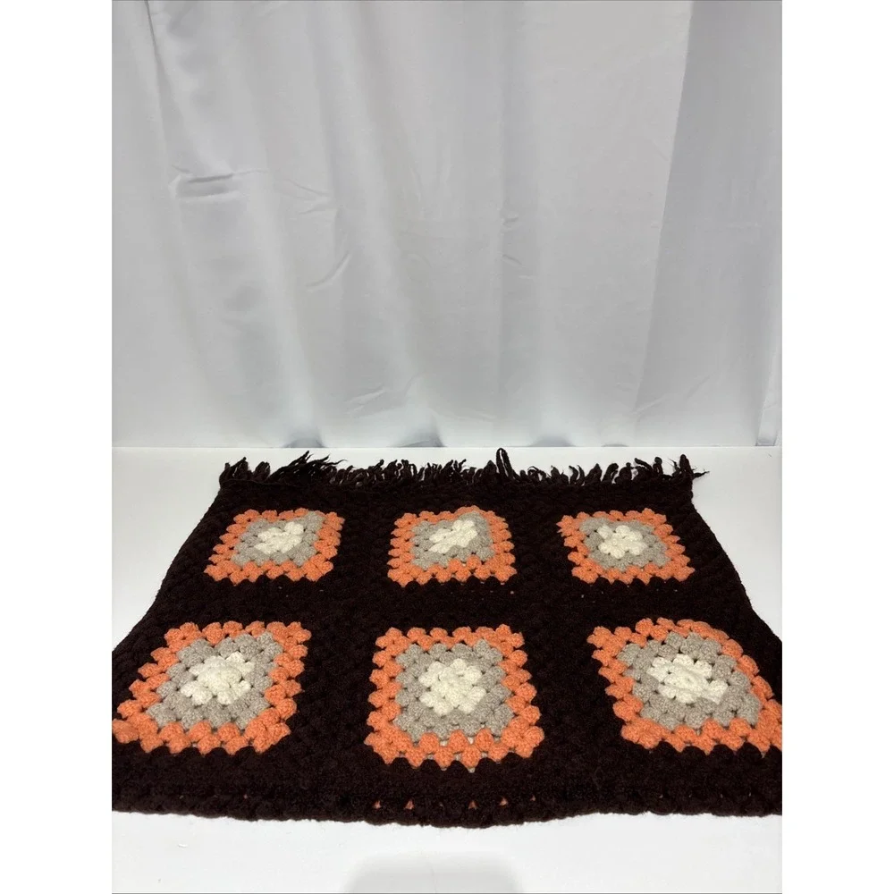 Vtg Handmade Crochet Granny Square Afghan Blanket‎ Throw Orange Brown 46X27